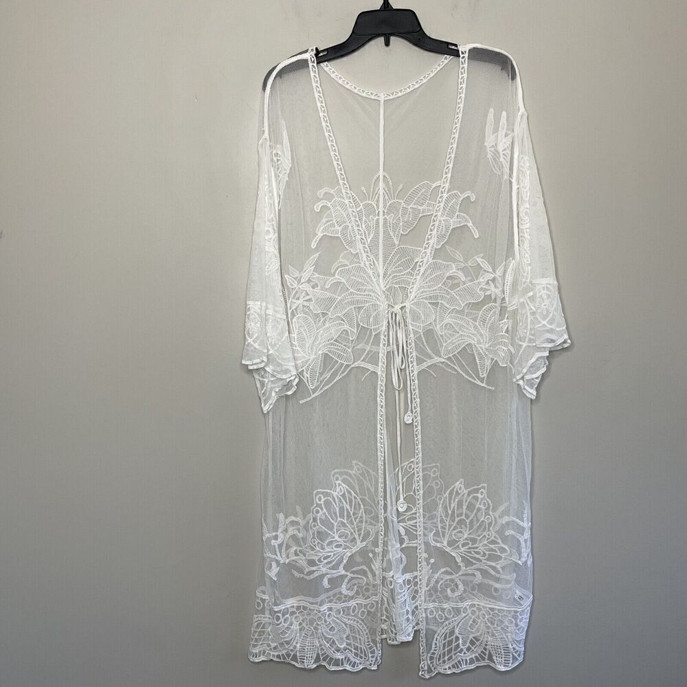 CUPSHE Cover-Up Womens O/S Ivory Sheer Embroidered Lace Tie-Front Wide Sleeves